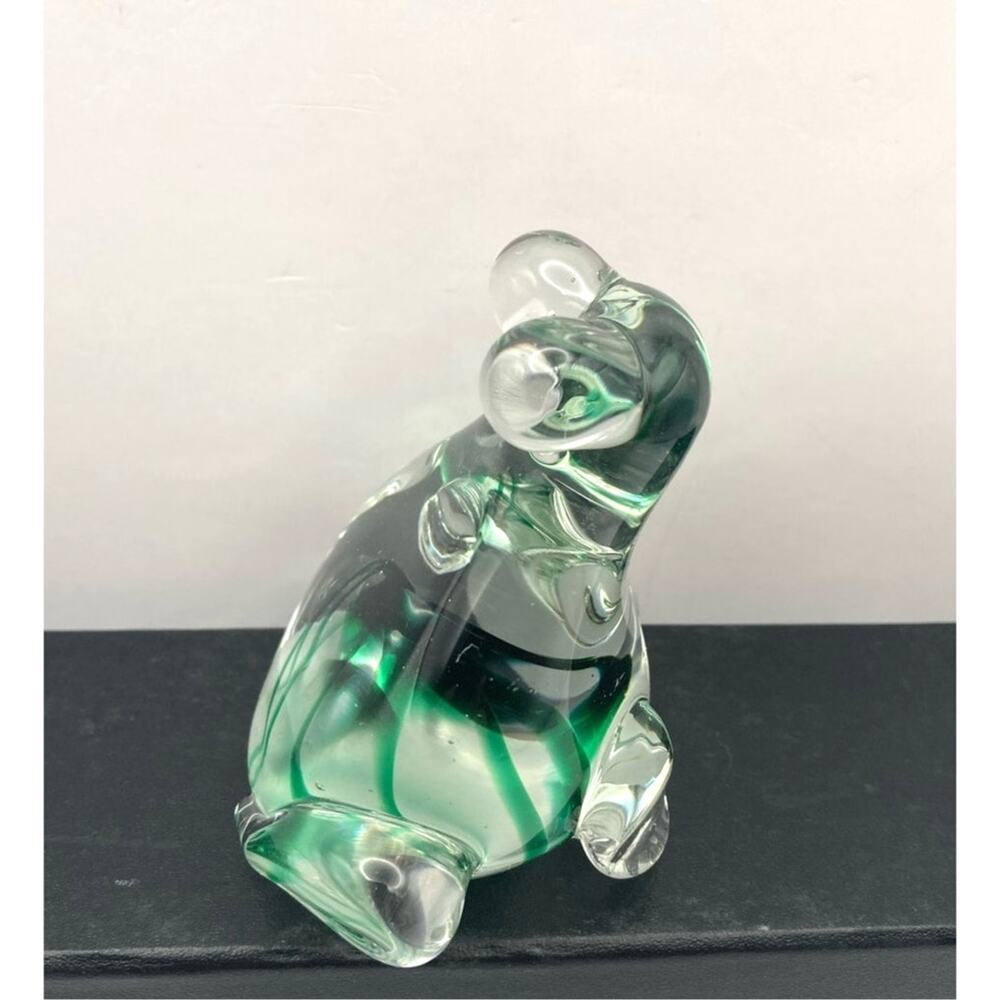 Vintage Clear Glass Art Frog with Green Swirls Paperweight 3" Tall